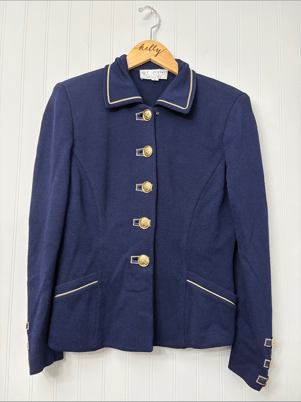 St. John Navy Blue and Gold Blazer and Skirt Suit Set Women Size 6